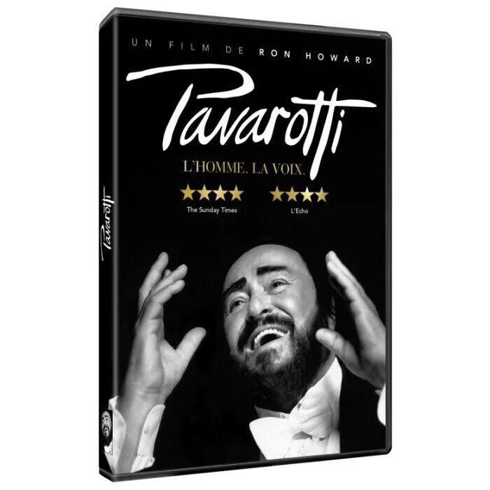 Couverture DVD du film 'Pavarotti'. Montre une photo de Pavarotti, son nom et le titre du film.