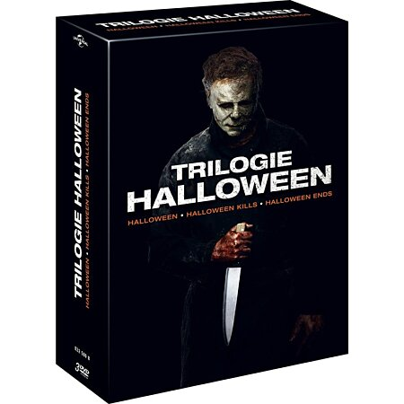 Coffret trilogie Halloween. La couverture montre Michael Myers avec un couteau. Titre : Halloween.