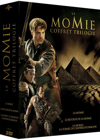 DVD box set of the Mummy trilogy with actors, pyramids and text in French. Three DVDs are in the box.