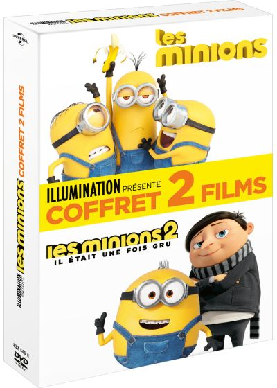 Coffret DVD pour 'Minions 2'. Les Minions et Gru sont sur la couverture. Fond blanc.