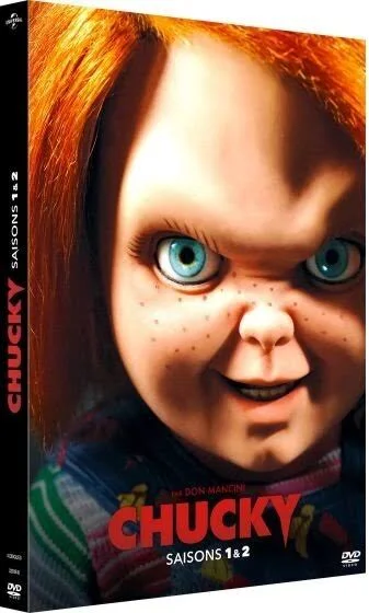 DVD cover of Chucky doll with orange hair, blue eyes, and a sinister grin.