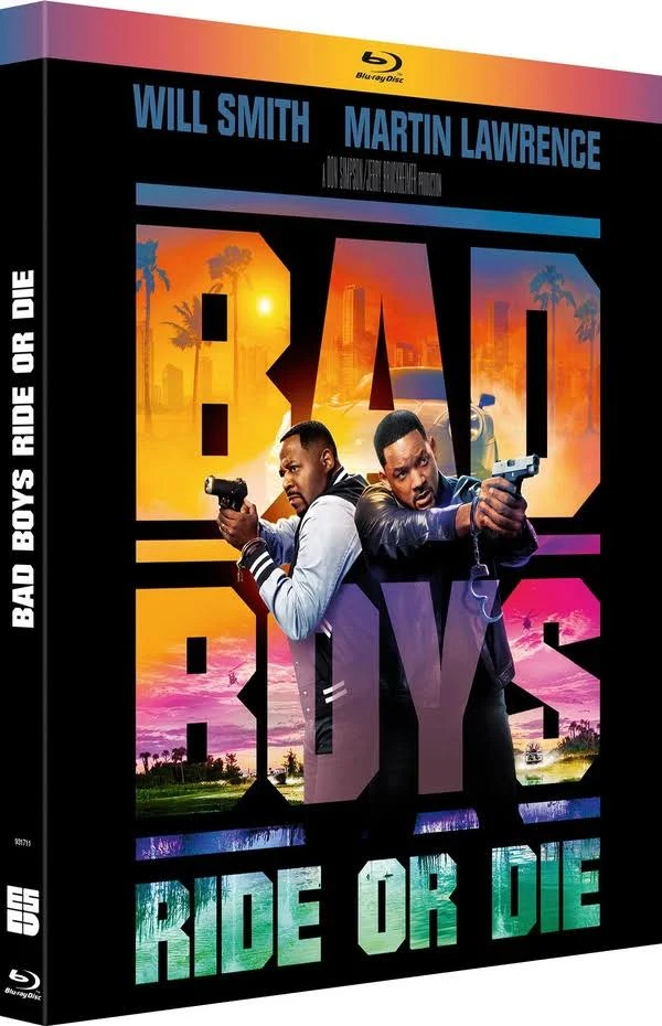 Blu-ray box of 'Bad Boys: Ride or Die'. Will Smith and Martin Lawrence with guns.