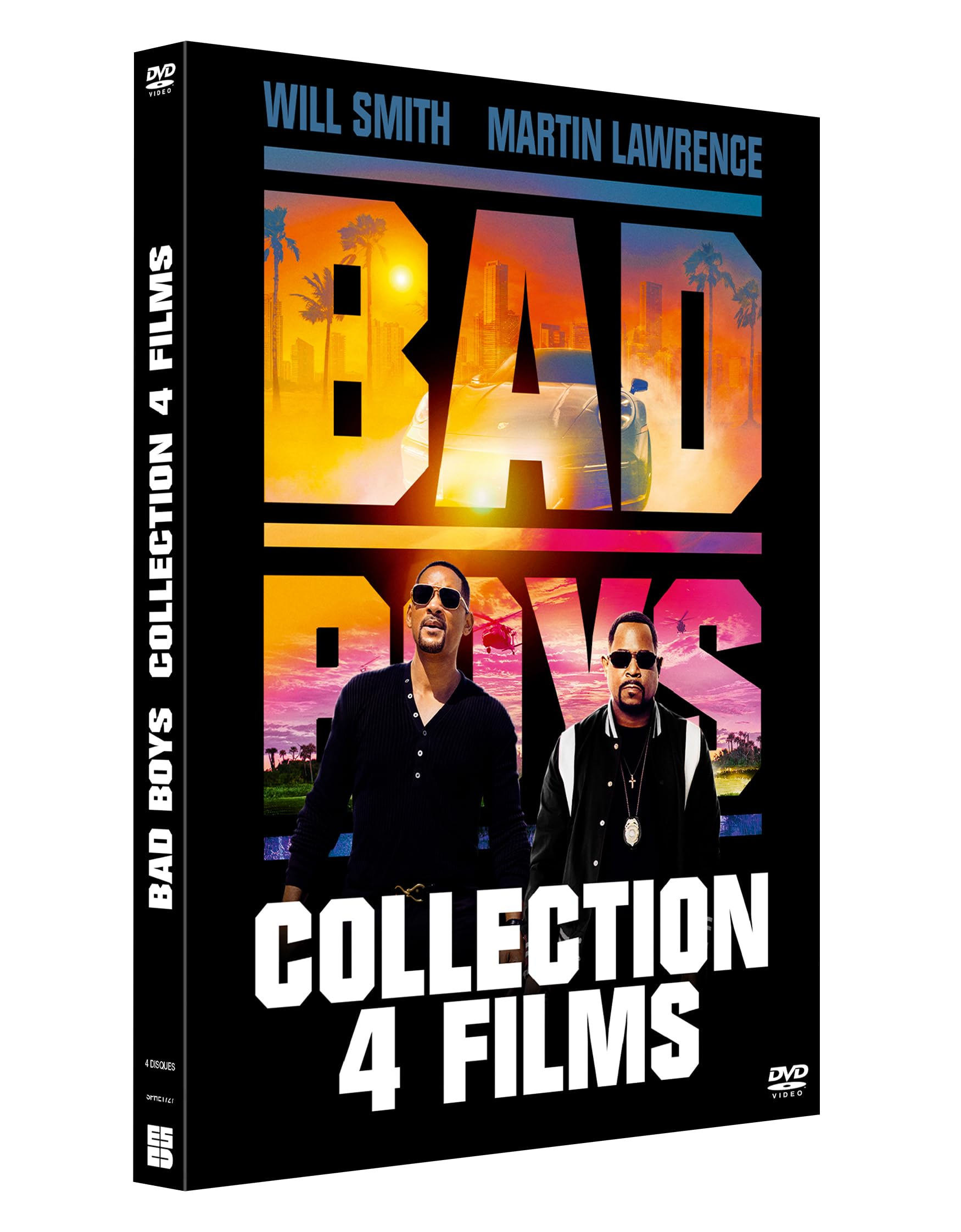 DVD case of 'Bad Boys Collection 4 Films.' Will Smith and Martin Lawrence are on the cover. City background.