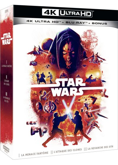 Coffret Star Wars 4K Ultra HD. Dark Maul, sabres laser et divers personnages. Fond rouge.