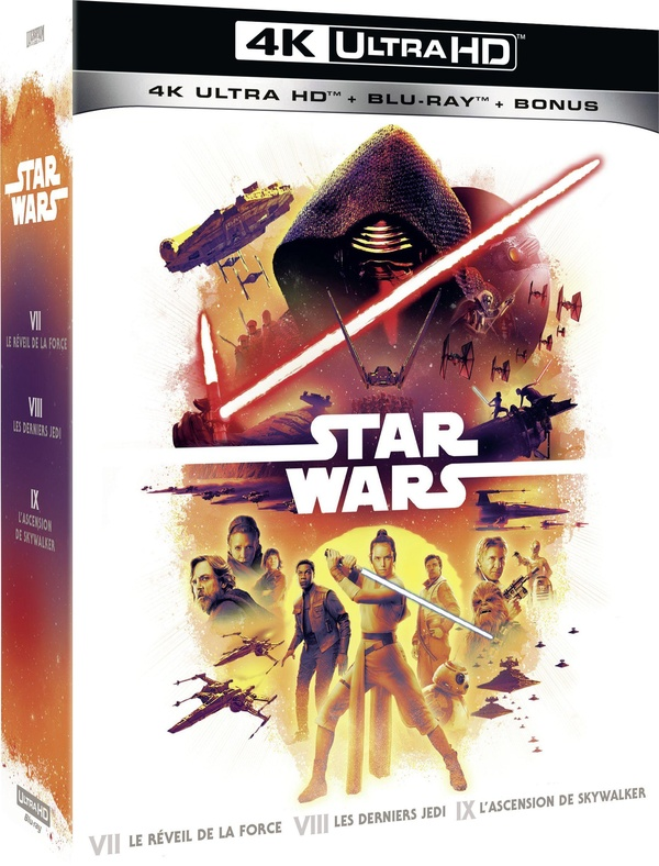Couverture Blu-ray de Star Wars. Kylo Ren avec sabre laser, autres personnages, titre du film.