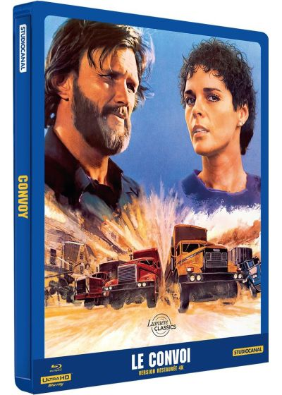 Filmdoos: Twee mensen op de cover, vrachtwagens op de achtergrond. Titel: Convoy. Blauwe doos.