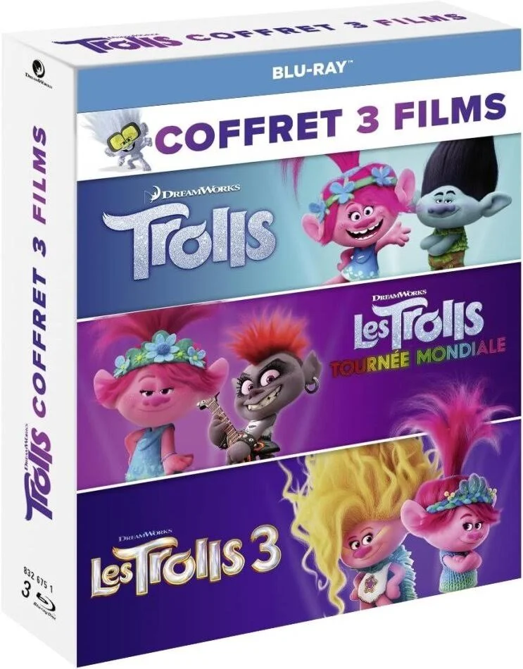 Boxset van drie Trolls-films met kleurrijke personages op de cover.