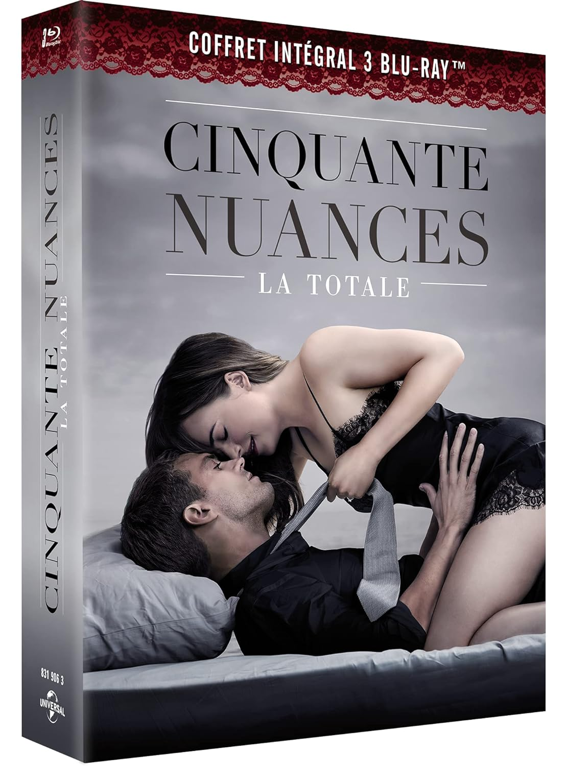 Fifty Shades Blu-ray cover. Couple kissing. Dark room background.