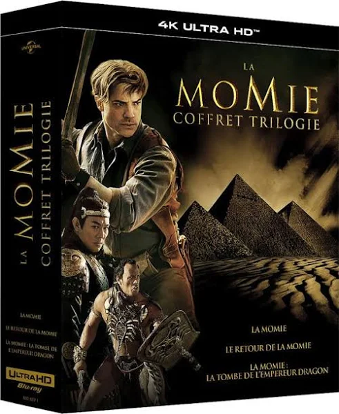 Movie box: The Mummy Trilogy boxset. Actors and pyramids on the cover. Gold and black.