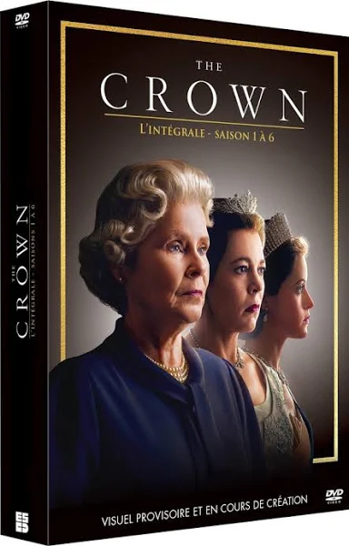 The Crown dvd-boxset: vrouwen in koninklijke kleding, gouden letters, zwarte achtergrond.