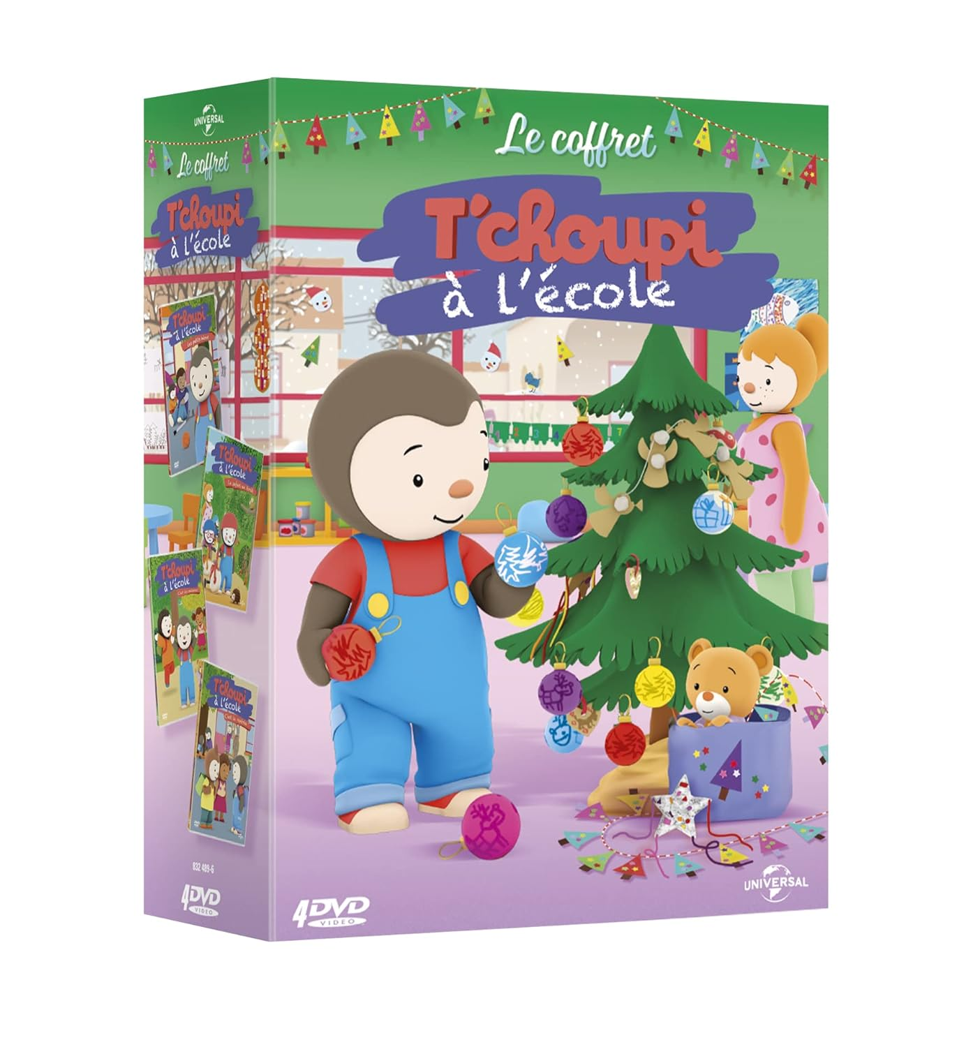 DVD-boxset van tekenfilm. Tekenfilmfiguur versiert een kerstboom. Andere dvd's zichtbaar.