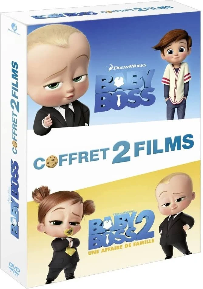 Coffret de 'Baby Boss 2'. Images de dessins animés de personnages de bébés. Boîte blanche et bleue.