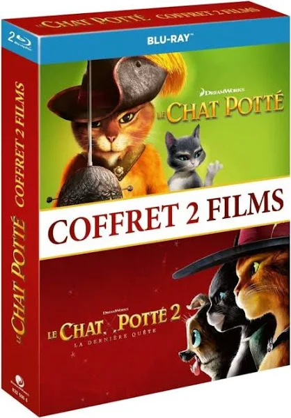 Blu-ray box set of Puss in Boots 2 films. A cat character is on the cover. The box is red.
