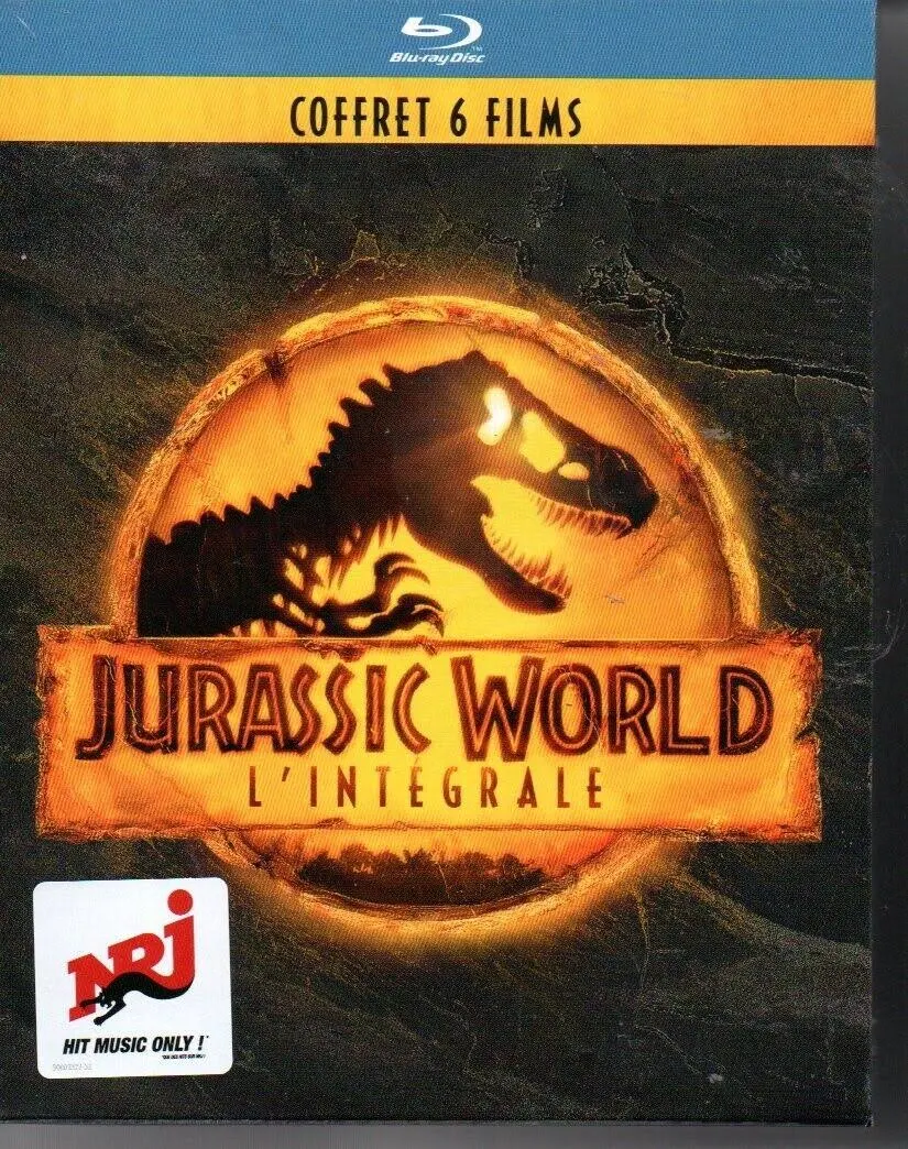 Jurassic World: L'Intégrale Blu-ray box. Features a dinosaur on a yellow background with the Jurassic World logo.