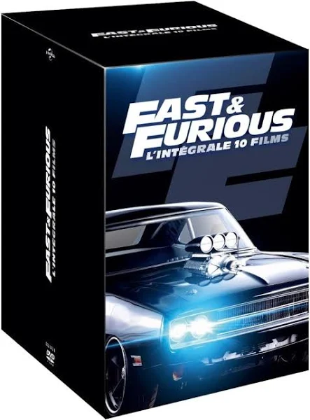 Black DVD box set with 'Fast & Furious' and 'L'Integrale 10 Films' on it.