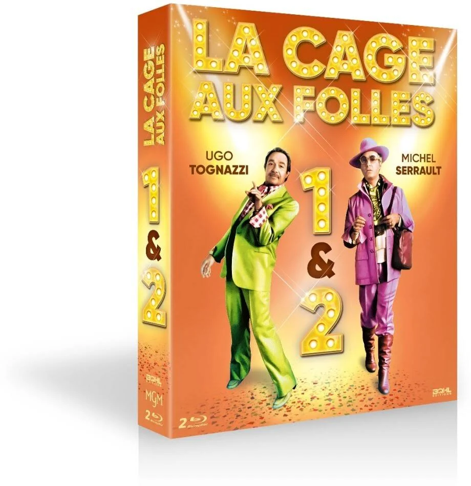 Coffret DVD de « La Cage aux Folles » avec les acteurs Ugo Tognazzi et Michel Serrault sur la couverture. La boîte est orange.