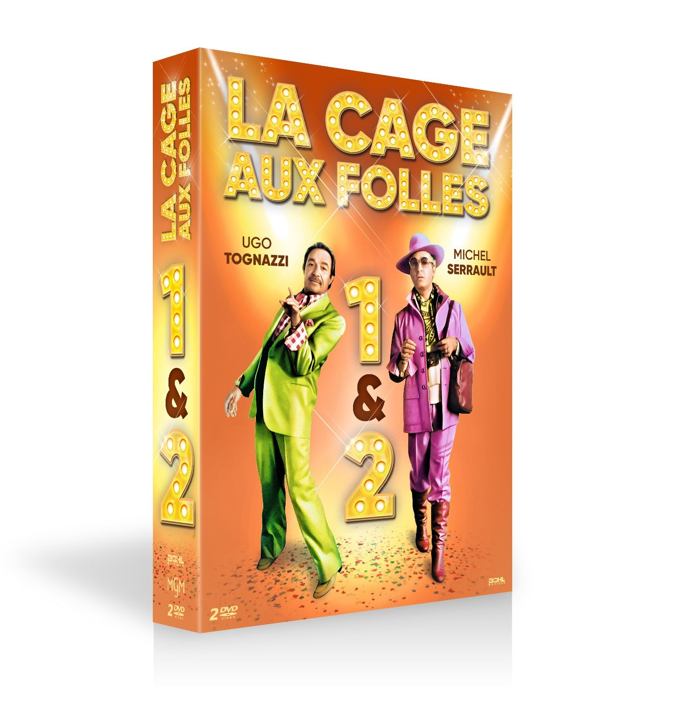 Couverture DVD de 'La Cage aux Folles' avec deux hommes vêtus de tenues colorées, posant.