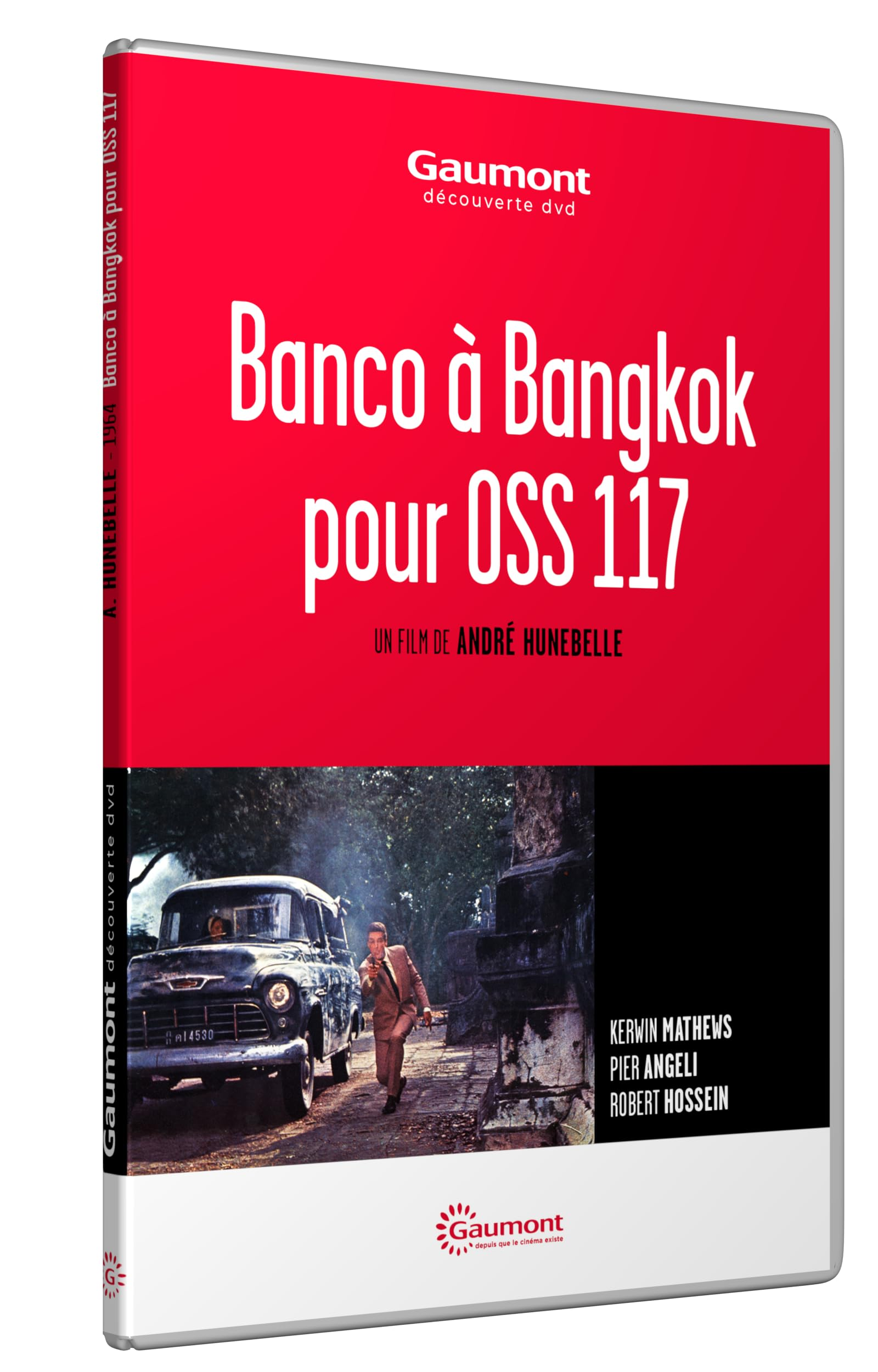 A DVD case with a red cover and a black and white image of a car and people.