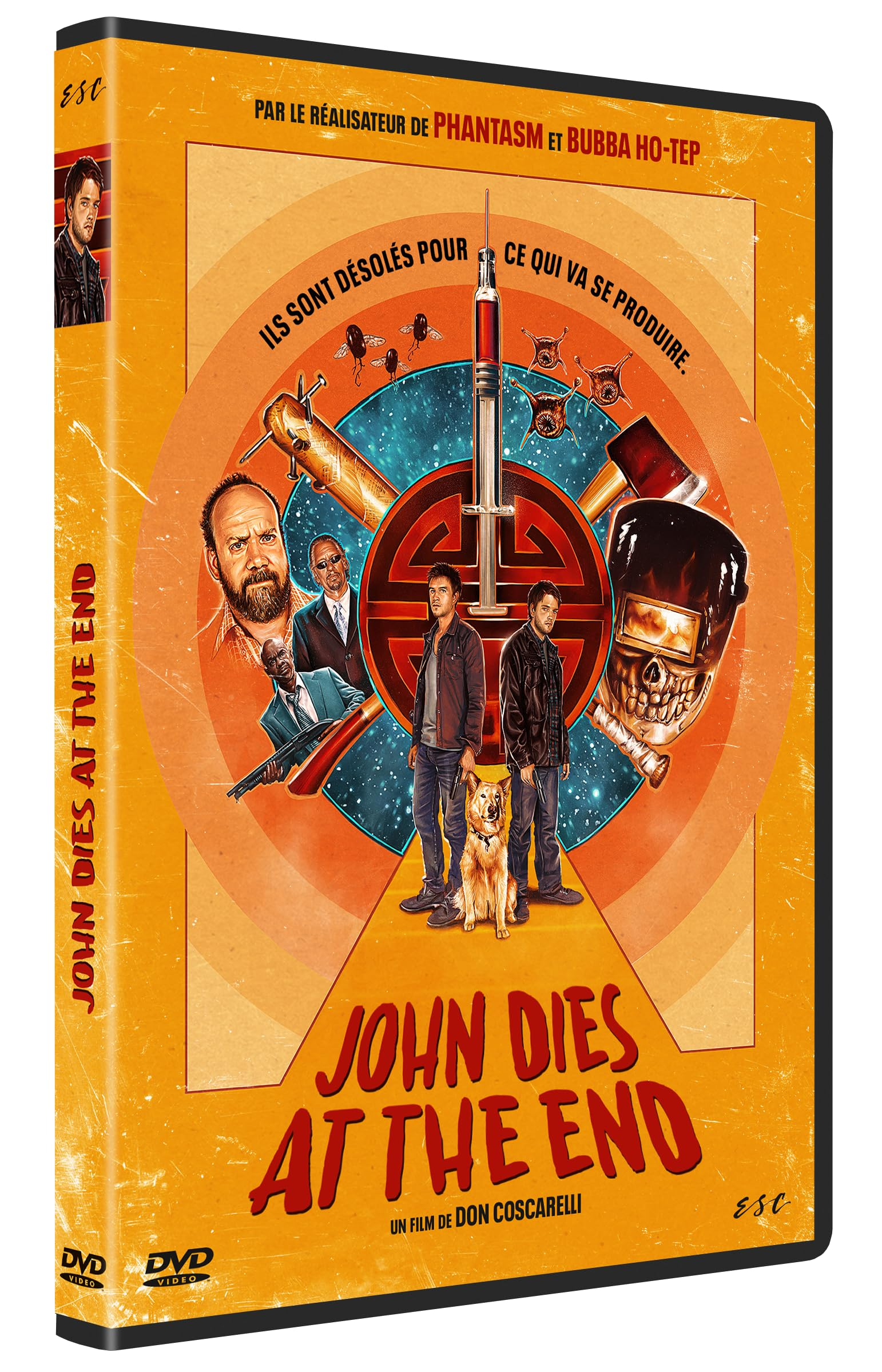 DVD cover for 'John Dies at the End'. Features a group of people with a dog, and a syringe.