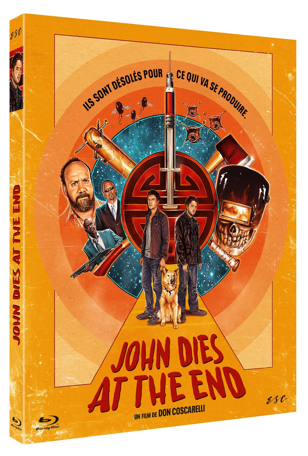 John Dies at the End movie cover. Two men, dog, and surreal imagery. Title: John Dies at the End.