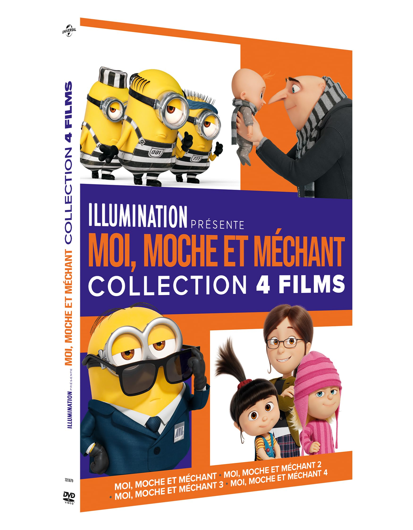DVD-hoes, "Despicable Me"-collectie, met minions, Gru en familiekarakters.