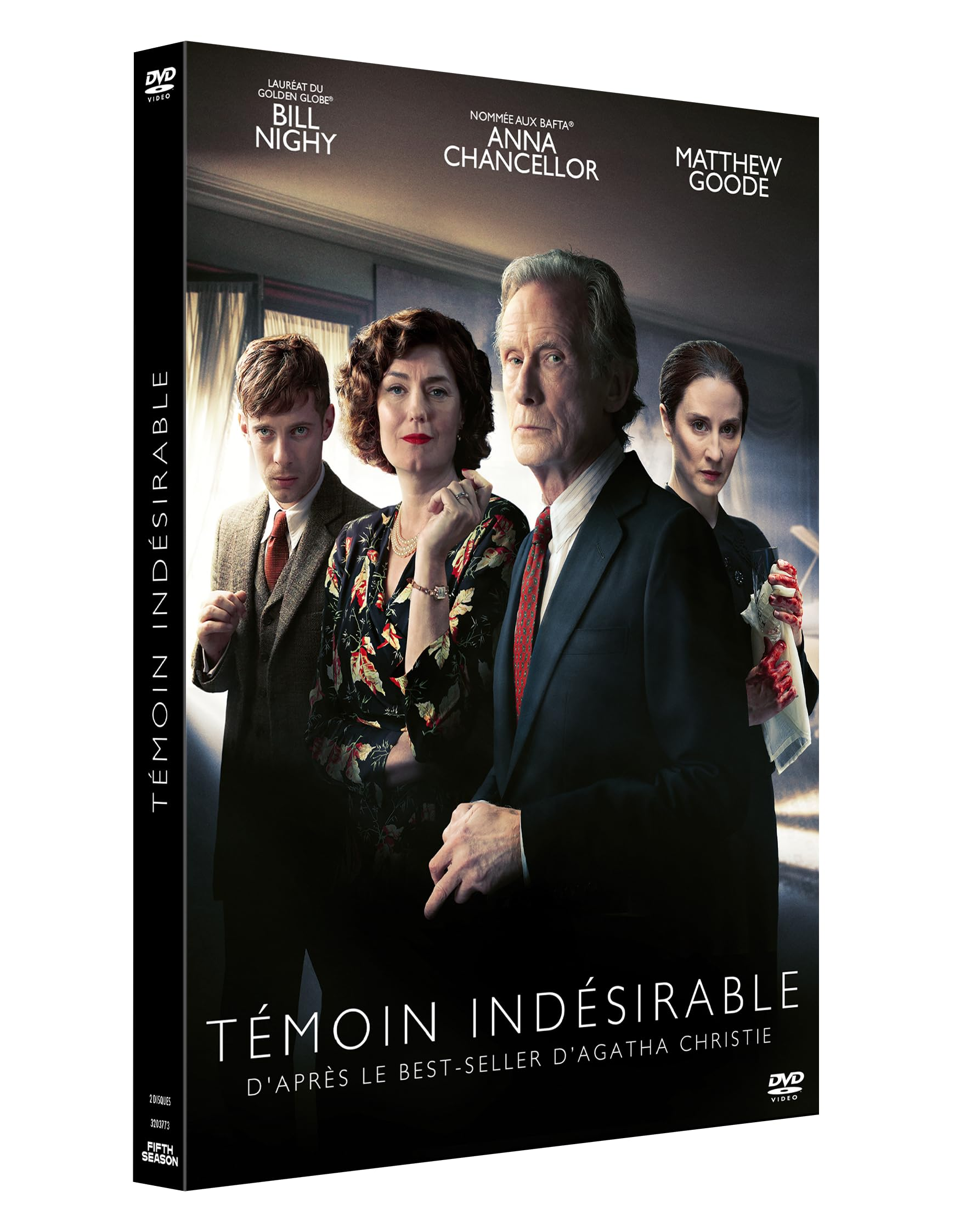 DVD-hoes toont vier mensen in een kamer. Titel luidt: Témoin Indésirable (Agatha Christie).