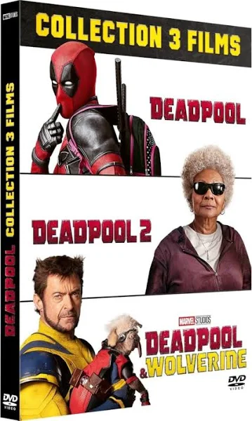 Deadpool filmset. Deadpool, Deadpool 2 en Deadpool & Wolverine covers.