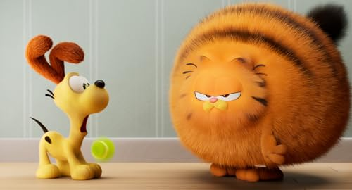 Garfield, an orange cat, is facing a yellow dog.
