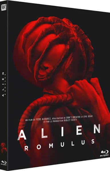 Movie cover with a red, alien-like creature. The title is 'Alien Romulus' in white.