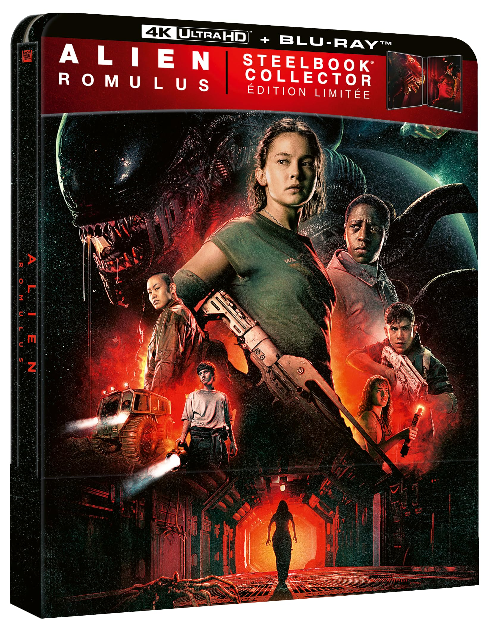 DVD cover for "Alien: Romulus". Features several characters, an alien, and a spacecraft. Red and dark colors.