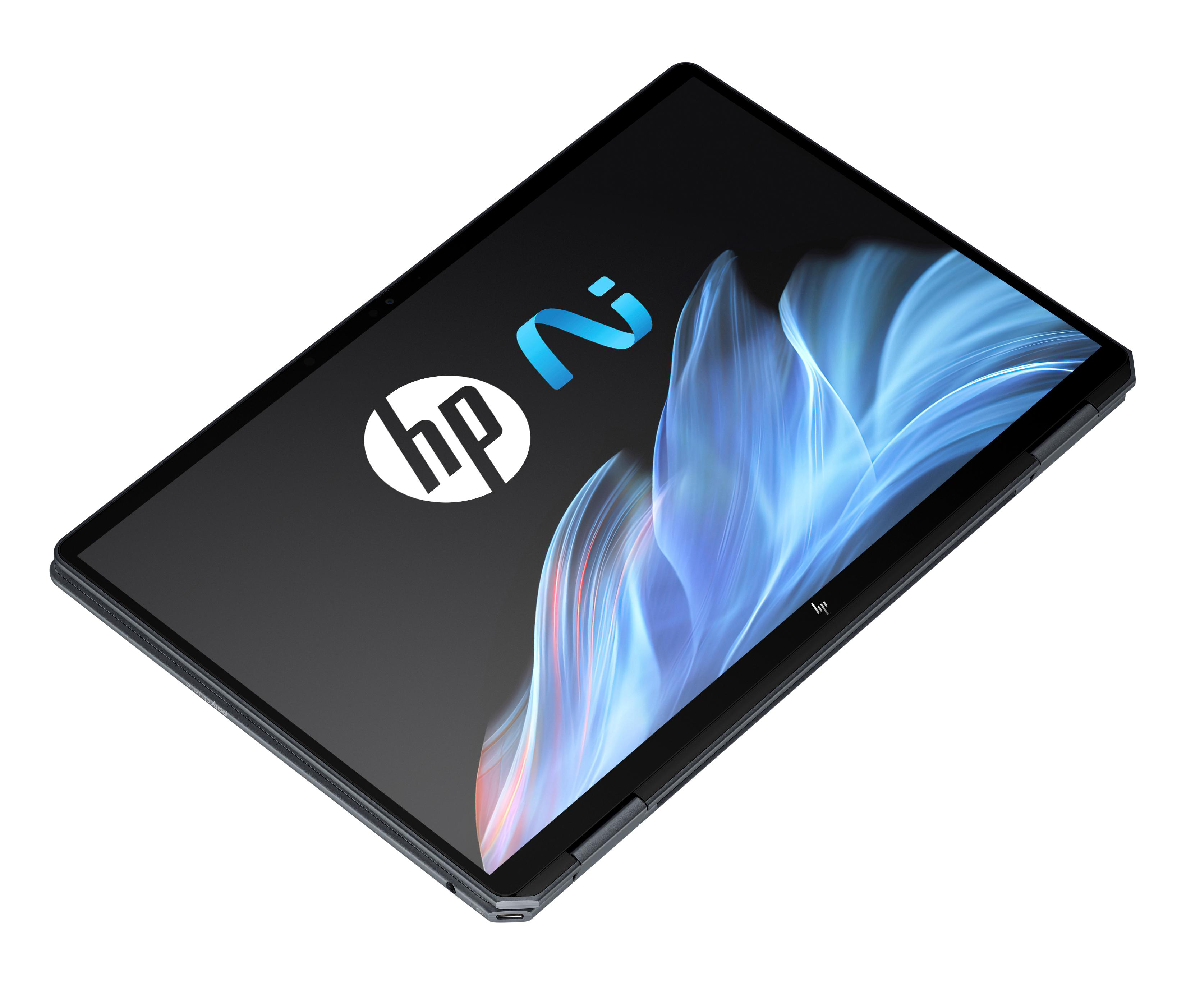 Ein schwarzer Laptop mit dem HP-Logo auf dem Bildschirm.