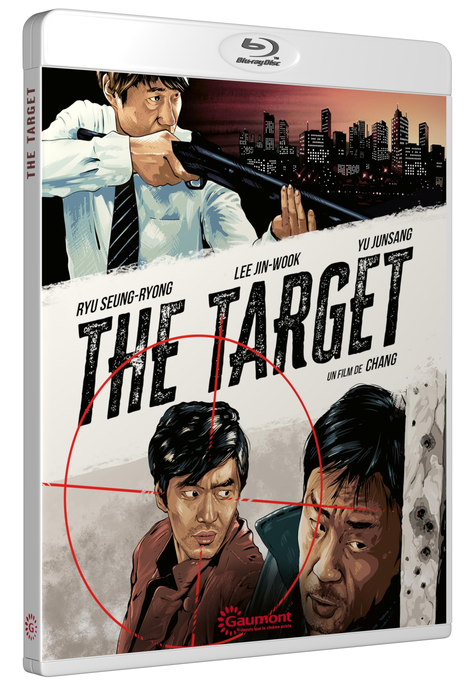 The Target Blu-ray-hoes. Twee mannen met geweren richten. Skyline van de stad op de achtergrond.