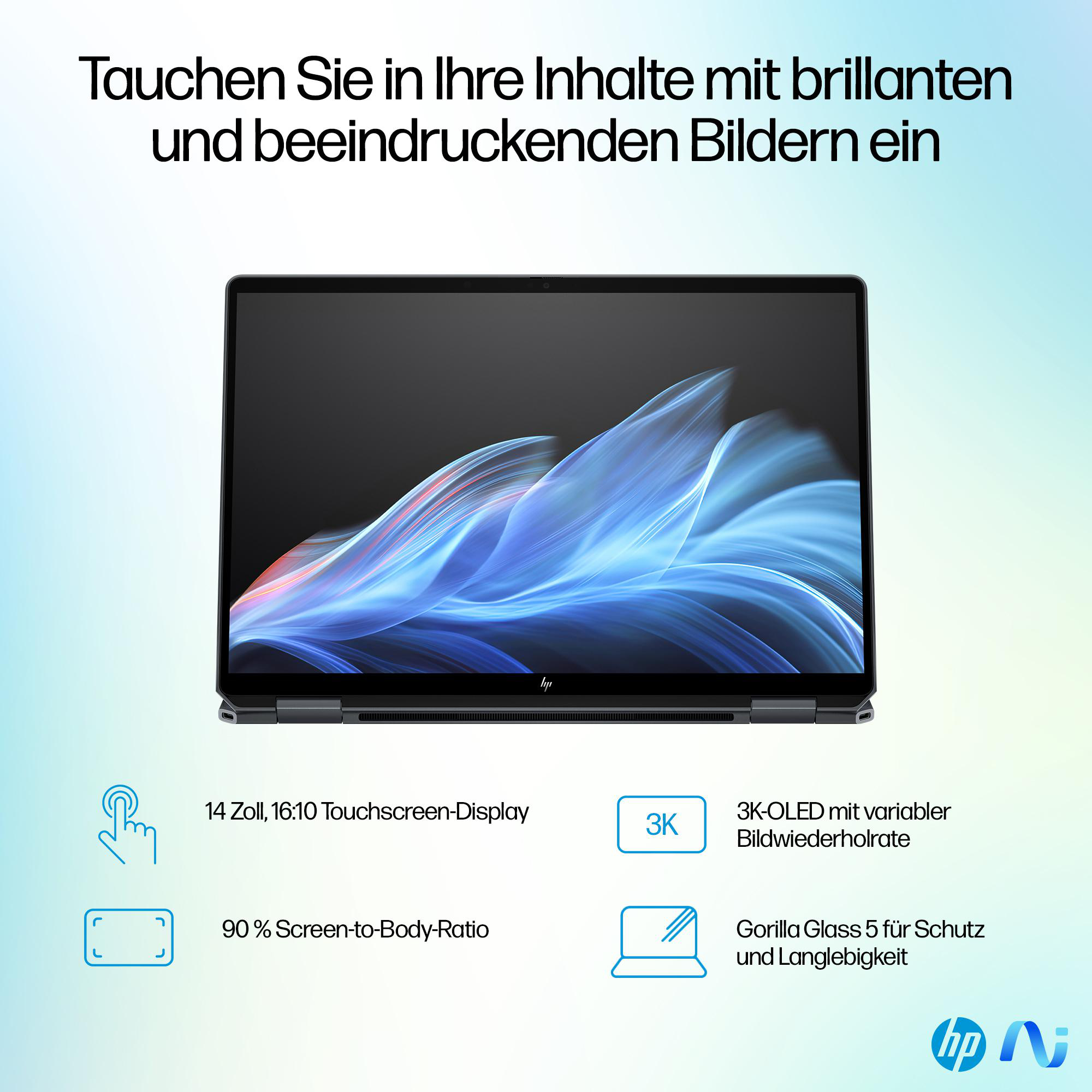 Laptop mit Touchscreen-Display. Text beschreibt die Funktionen und Spezifikationen.