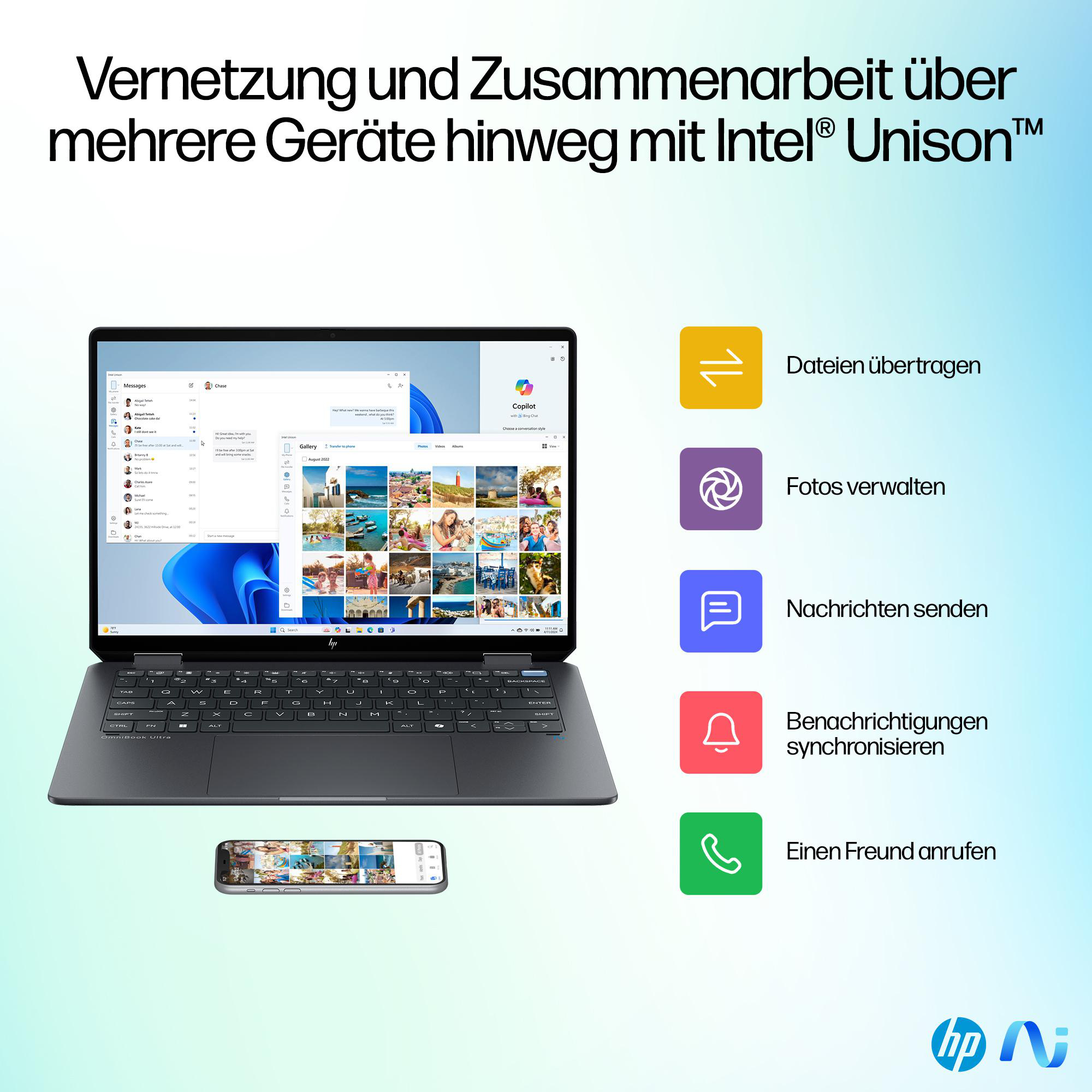 Laptop und Smartphone, die einen Bildschirm mit Optionen für Dateiübertragung, Fotoverwaltung und andere Apps zeigen.