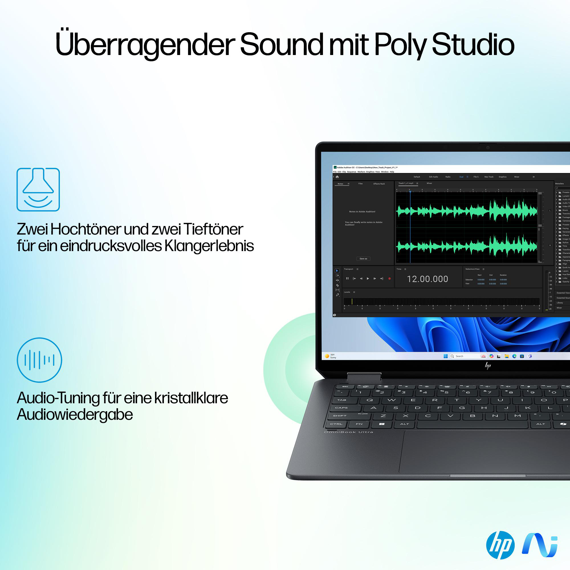 Laptop zeigt Audio-Wellenform, Text: "Überragender Sound mit Poly Studio" und "Audio-Tuning".