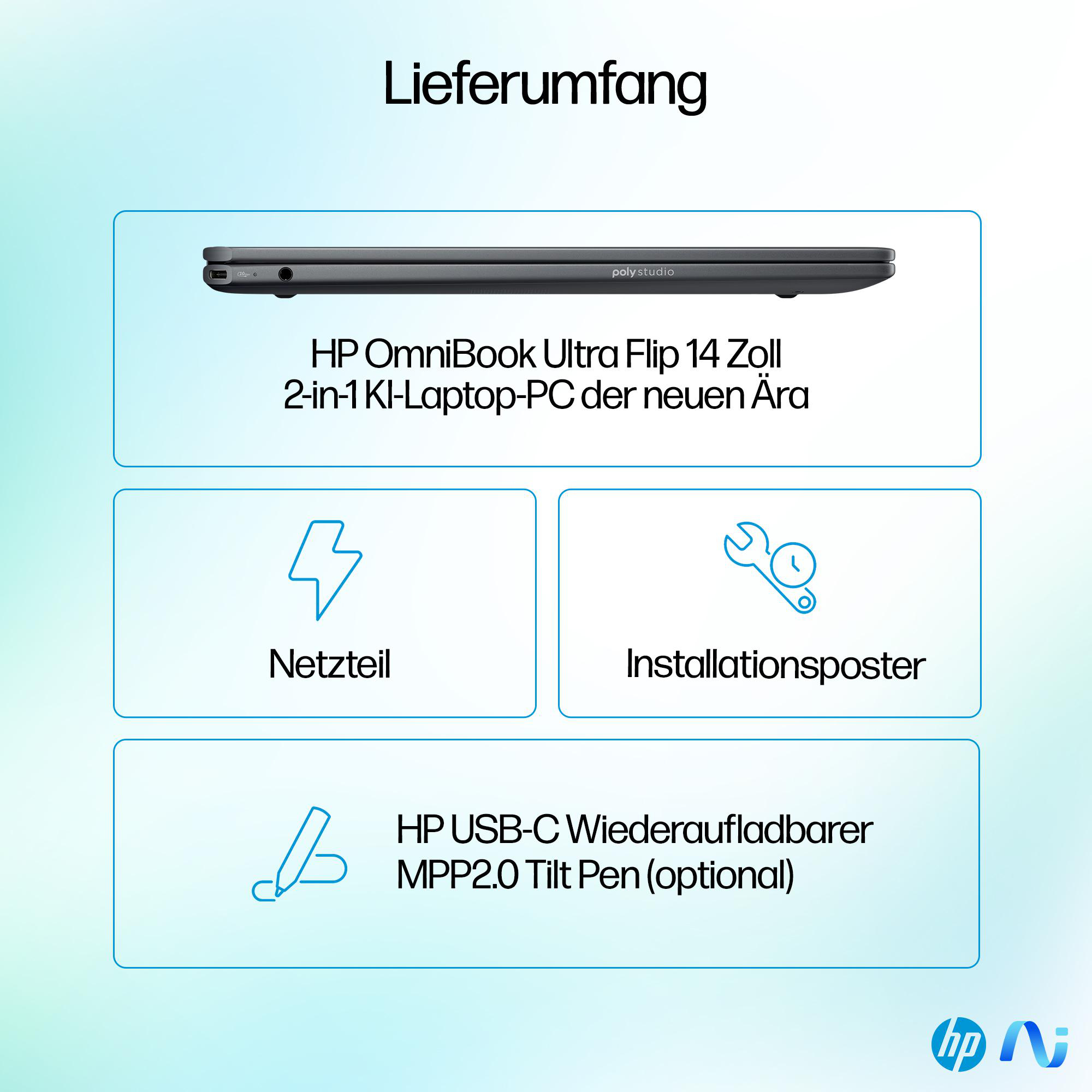 HP Laptop-Lieferumfang. Laptop, Ladegerät und Stift auf blauem Hintergrund mit Text.