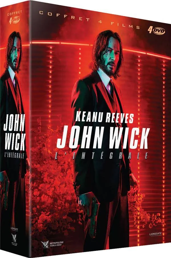 John Wick dvd-boxset. Keanu Reeves in pak met pistool, rode achtergrond.