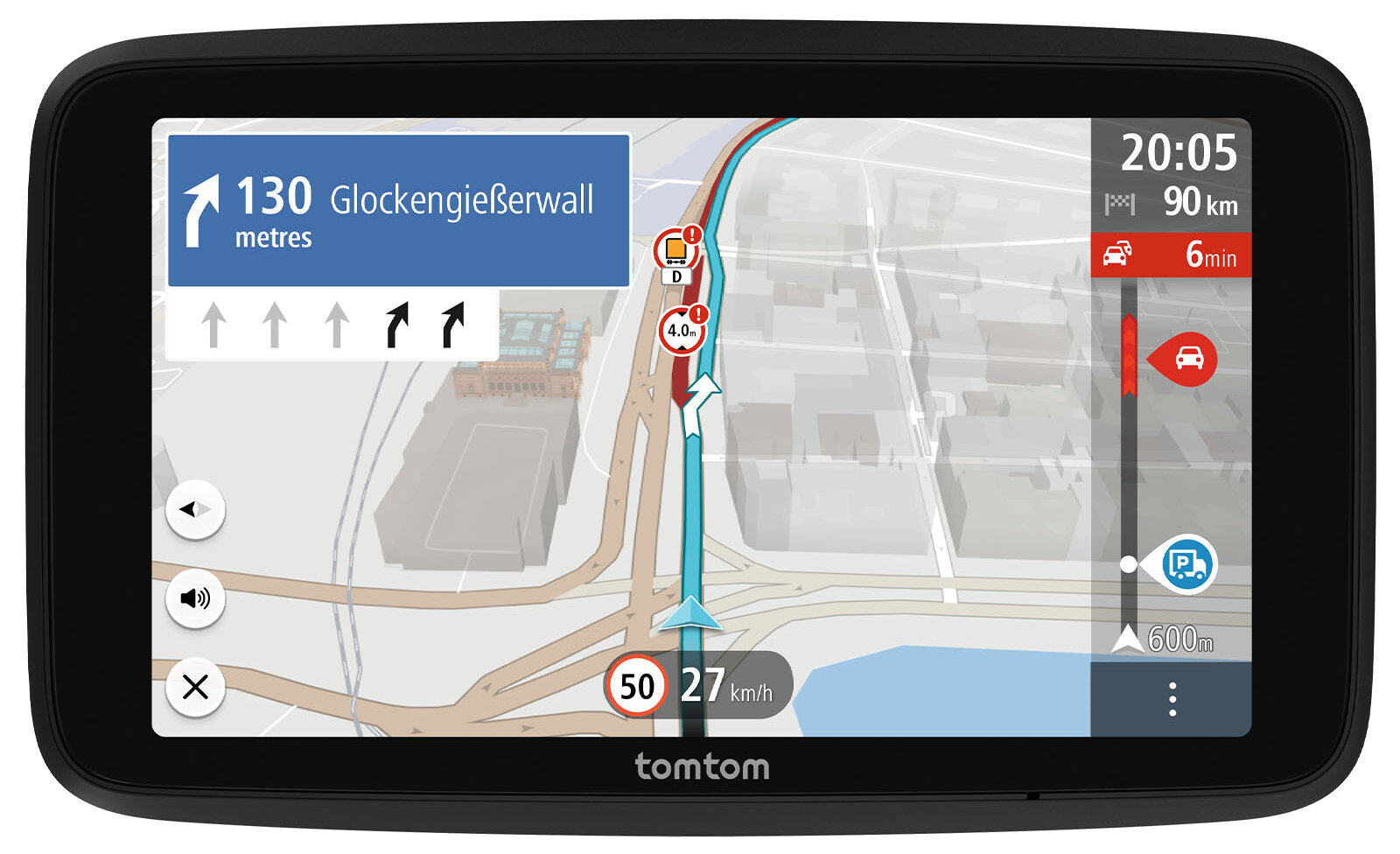 Urządzenie GPS TomTom wyświetlające mapę nawigacji z informacjami o trasie i prędkości.