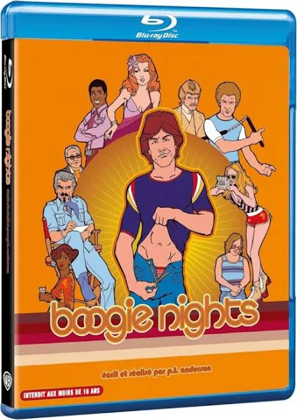 Couverture DVD de Boogie Nights. Style cartoon avec plusieurs personnages. Titre : Boogie Nights.