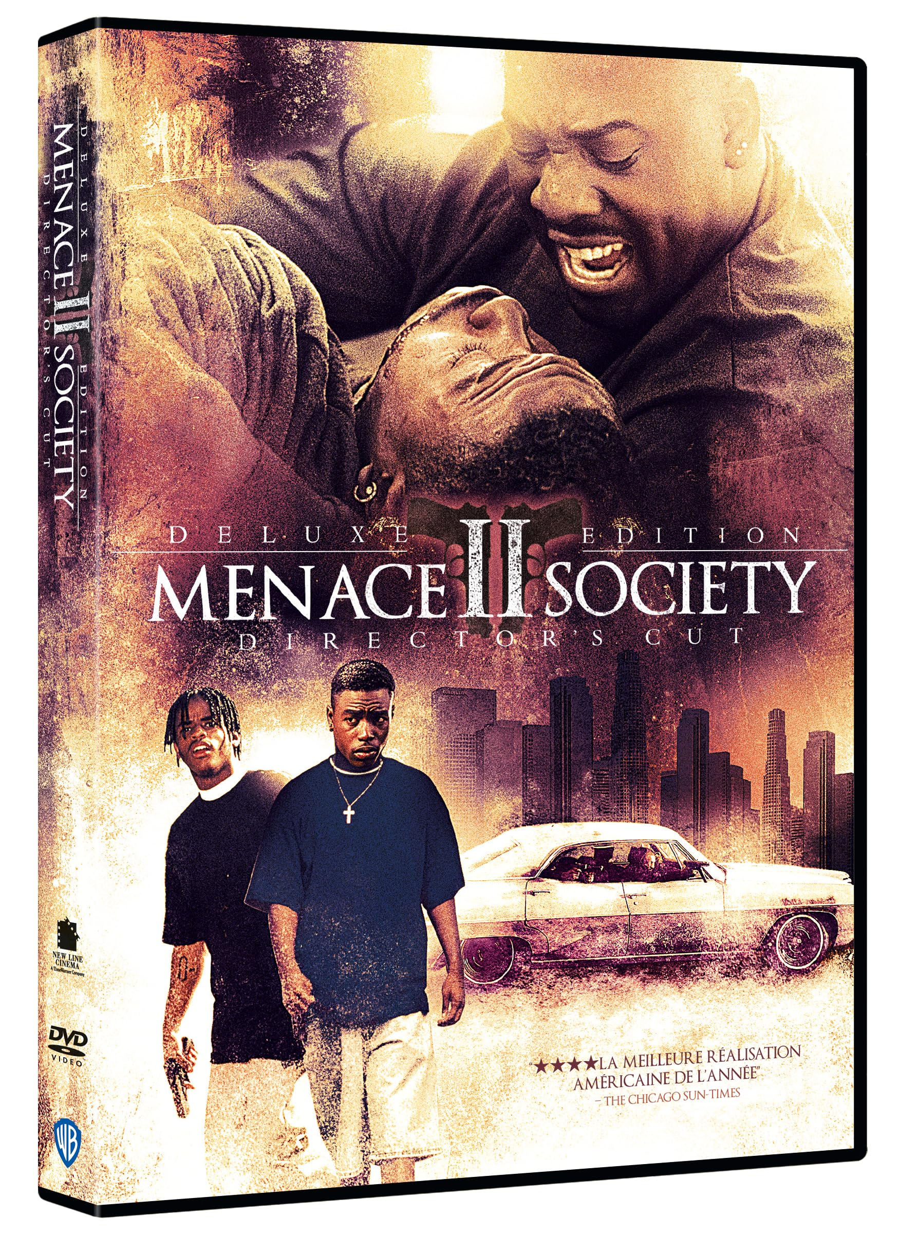 Boîtier DVD du film Menace II Society, montrant les personnages et l'horizon de la ville.