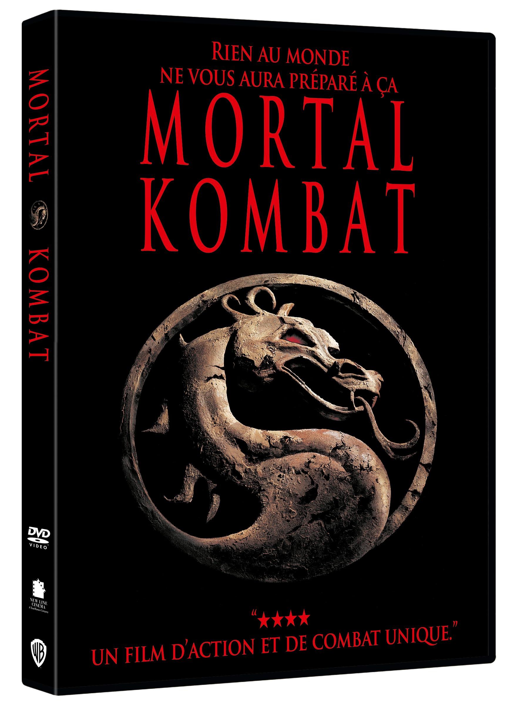 DVD-hoes voor 'Mortal Kombat'. Zwarte cover met een draakembleem en rode titeltekst.