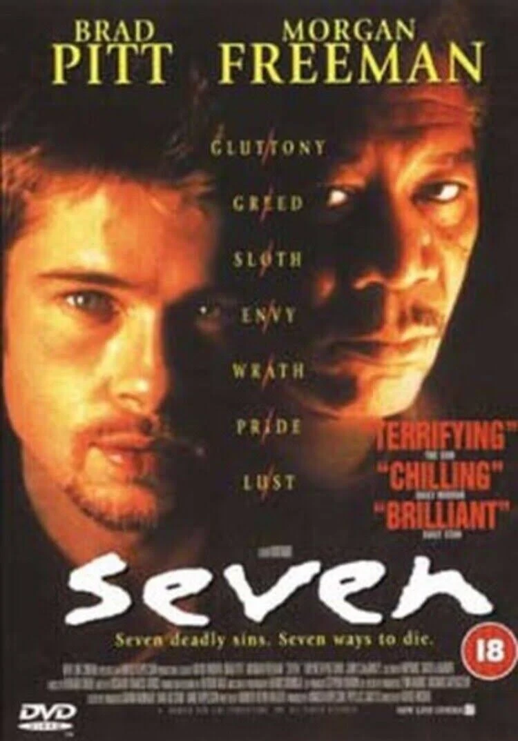 Couverture DVD : Brad Pitt et Morgan Freeman dans 'Seven'. Le titre et les sept péchés capitaux.