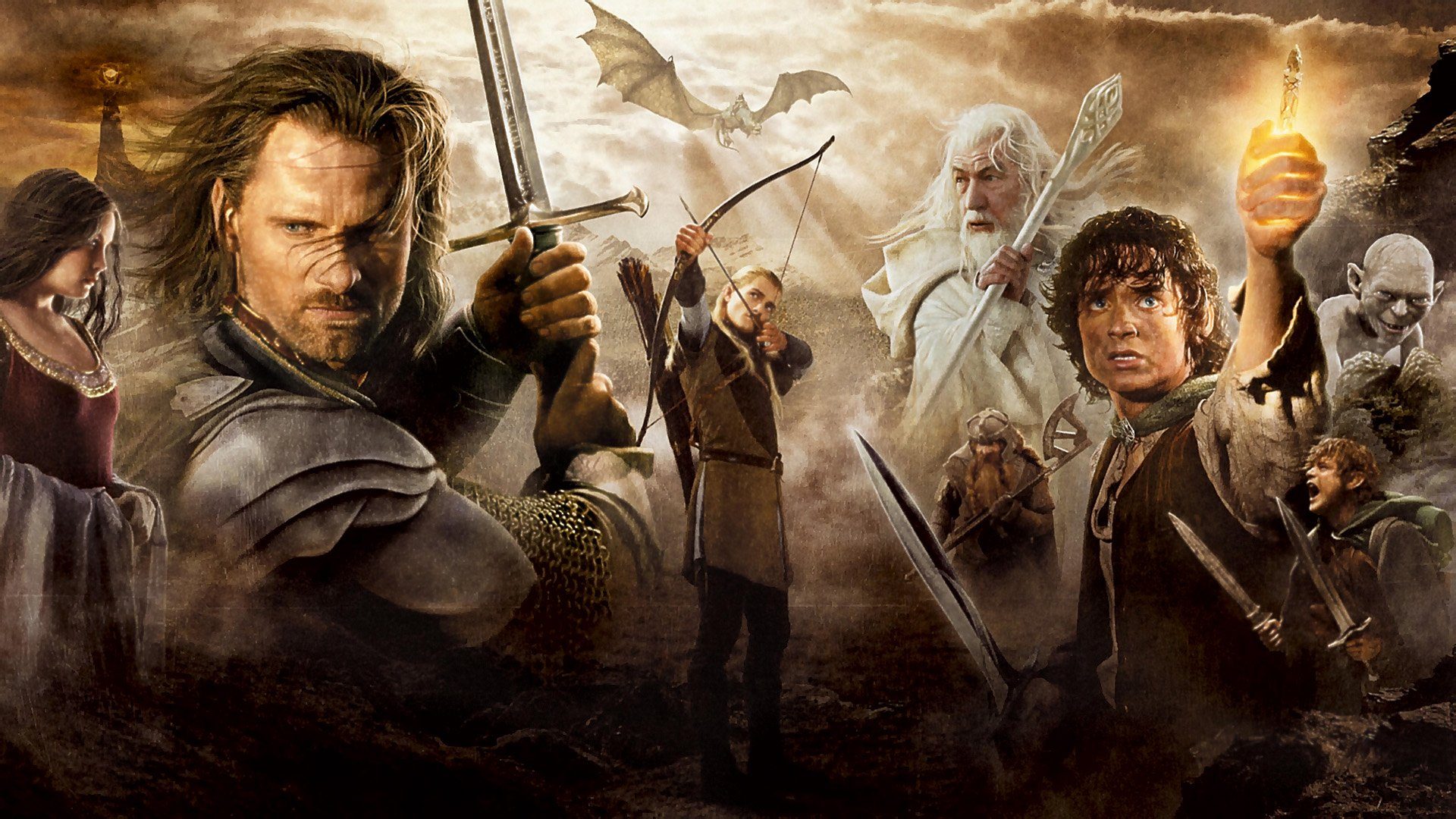 Affiche du film 'Le Seigneur des Anneaux'. Avec Aragorn, Legolas et d'autres personnages.