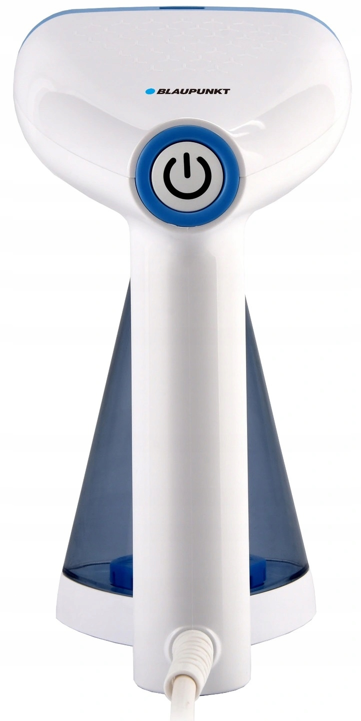 Biało-niebieska parownica ręczna z przyciskiem zasilania i przewodem, białe tło.