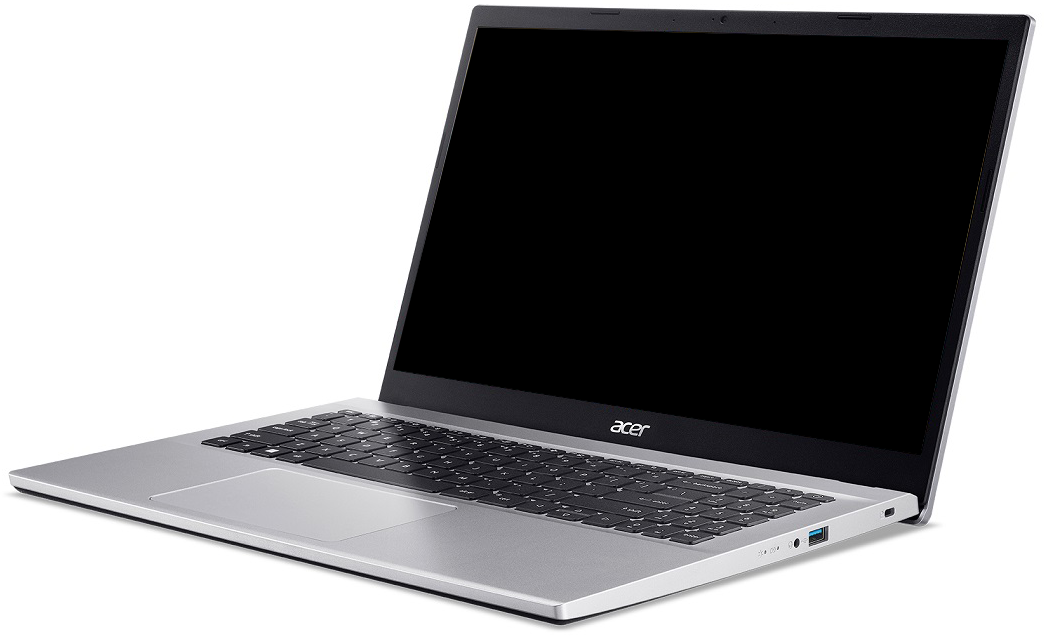 Ezüst laptop fekete képernyővel, billentyűzettel és érintőpaddal, fehér háttérben.
