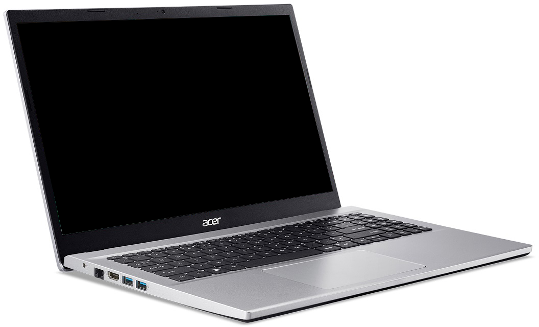 Egy ezüst laptop fekete képernyővel, fehér felületen megdöntve.