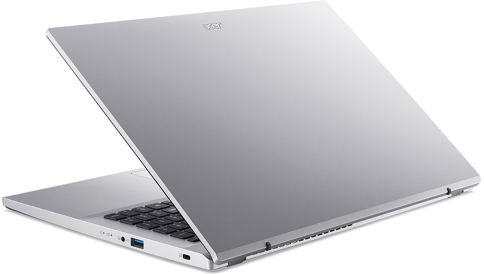 Ezüst laptop, kissé nyitva, billentyűzetet és képernyőt mutat. Az Acer logó látható.