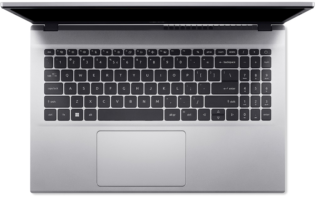 Felülnézet egy szürke laptop billentyűzetéről, nyitott fedéllel.