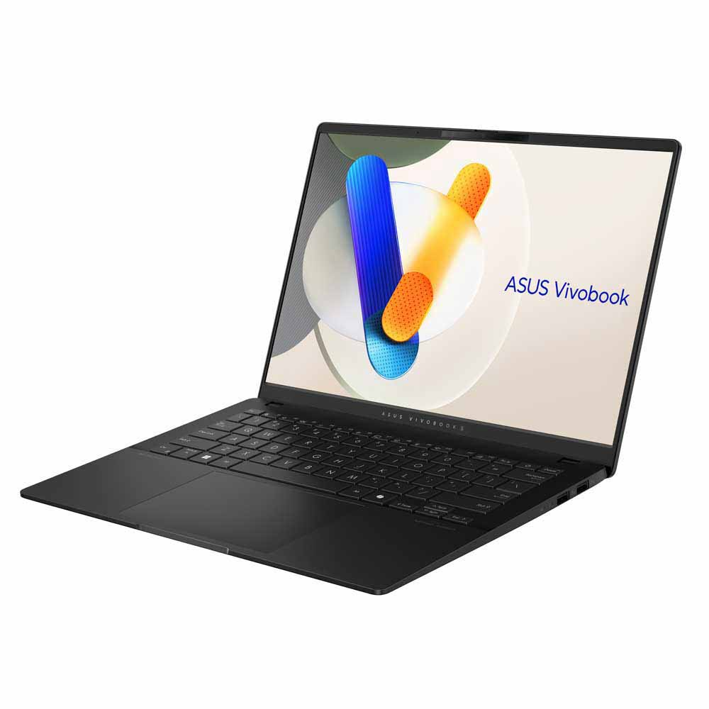 Siyah bir ASUS Vivobook dizüstü bilgisayar açık, ekranında bir logo gösteriyor.