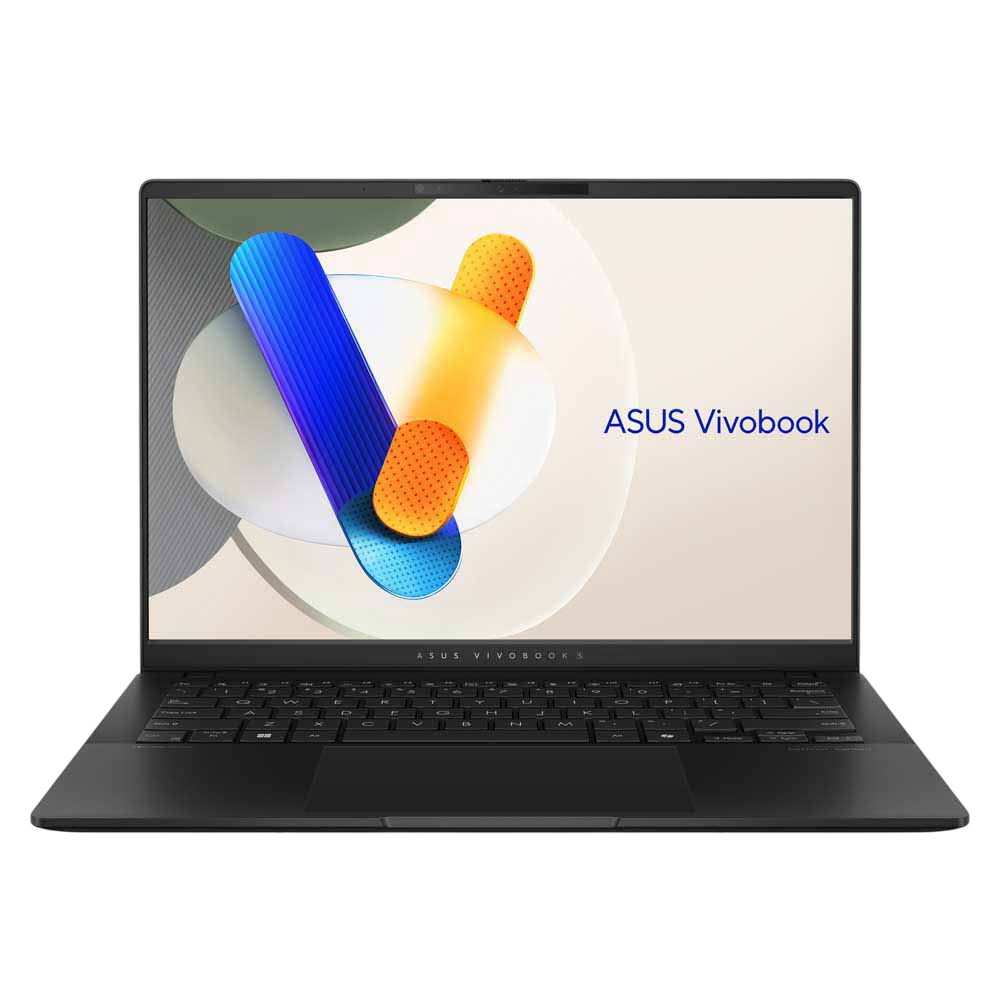 Karanlık bir arka plan üzerinde siyah ASUS Vivobook dizüstü bilgisayar, renkli bir tasarımla.
